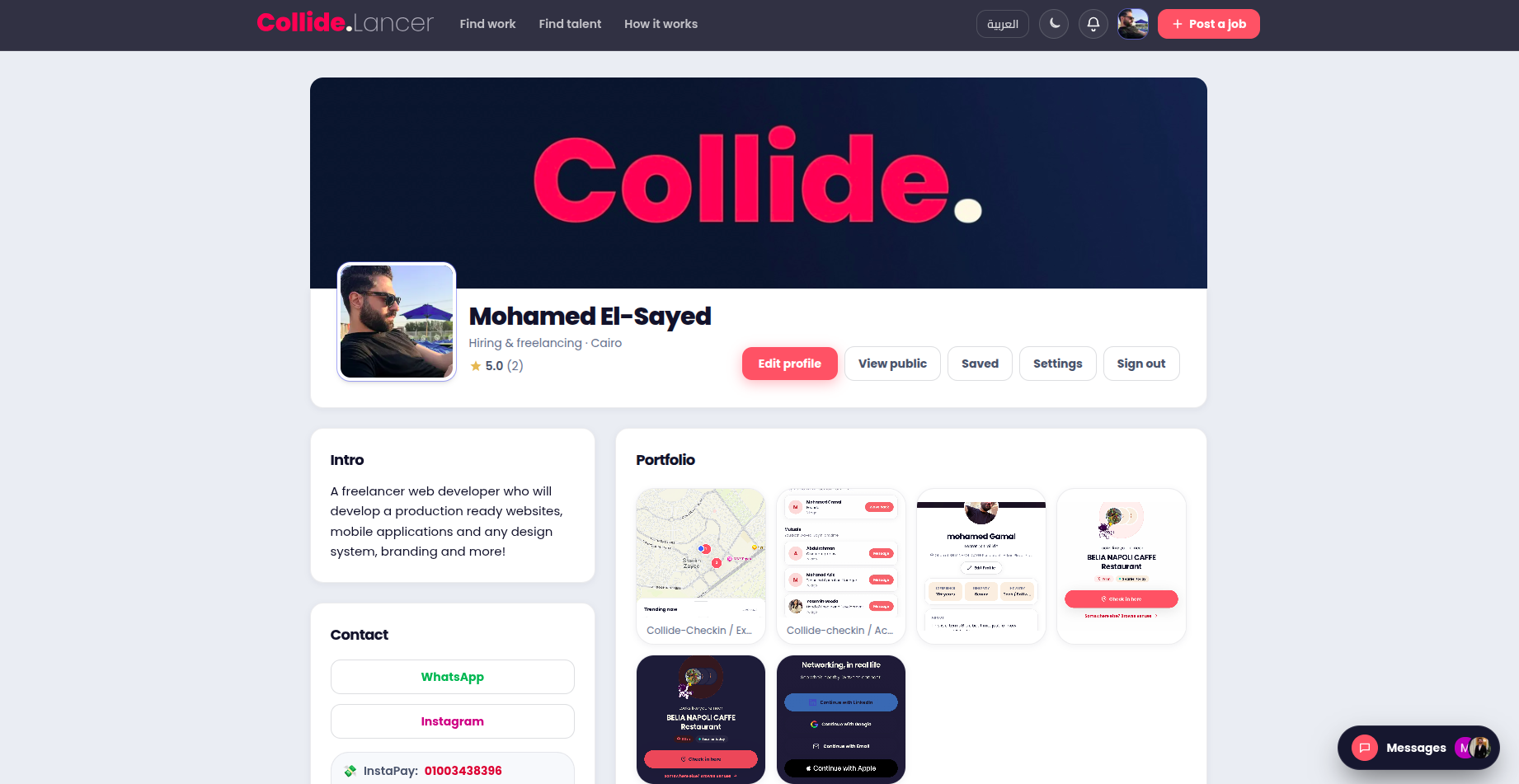 Collide Lancer profile page