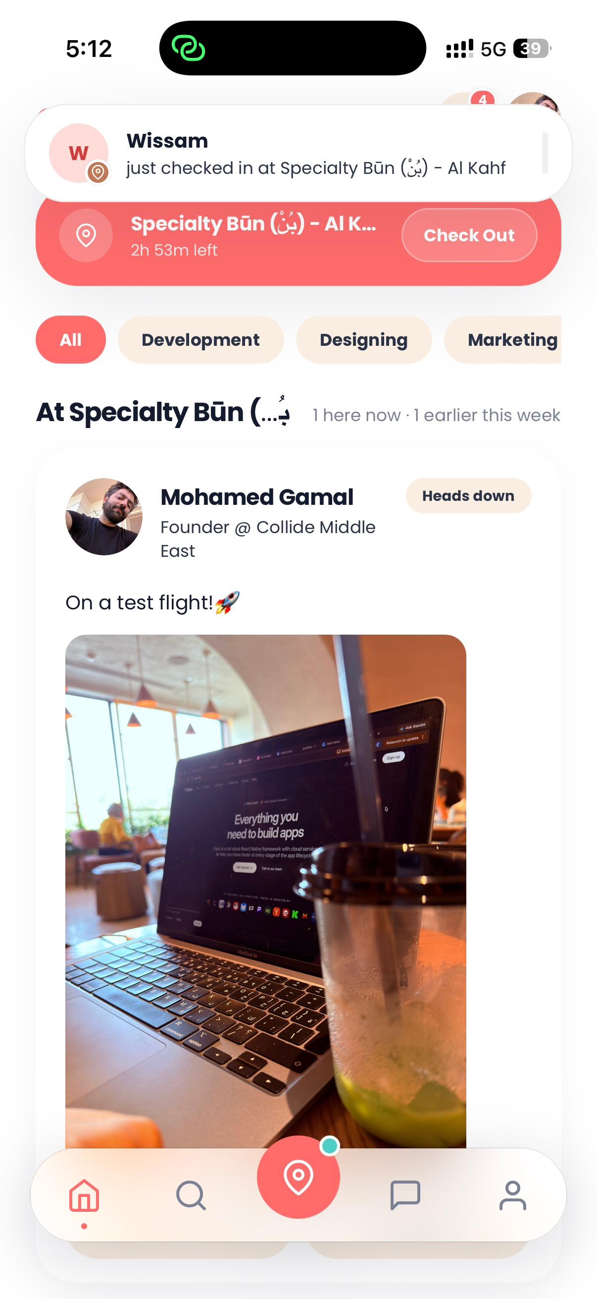 Collide Check-in home feed