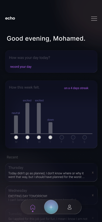 echo journaling app home screen