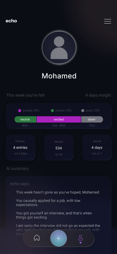 echo journaling app profile screen