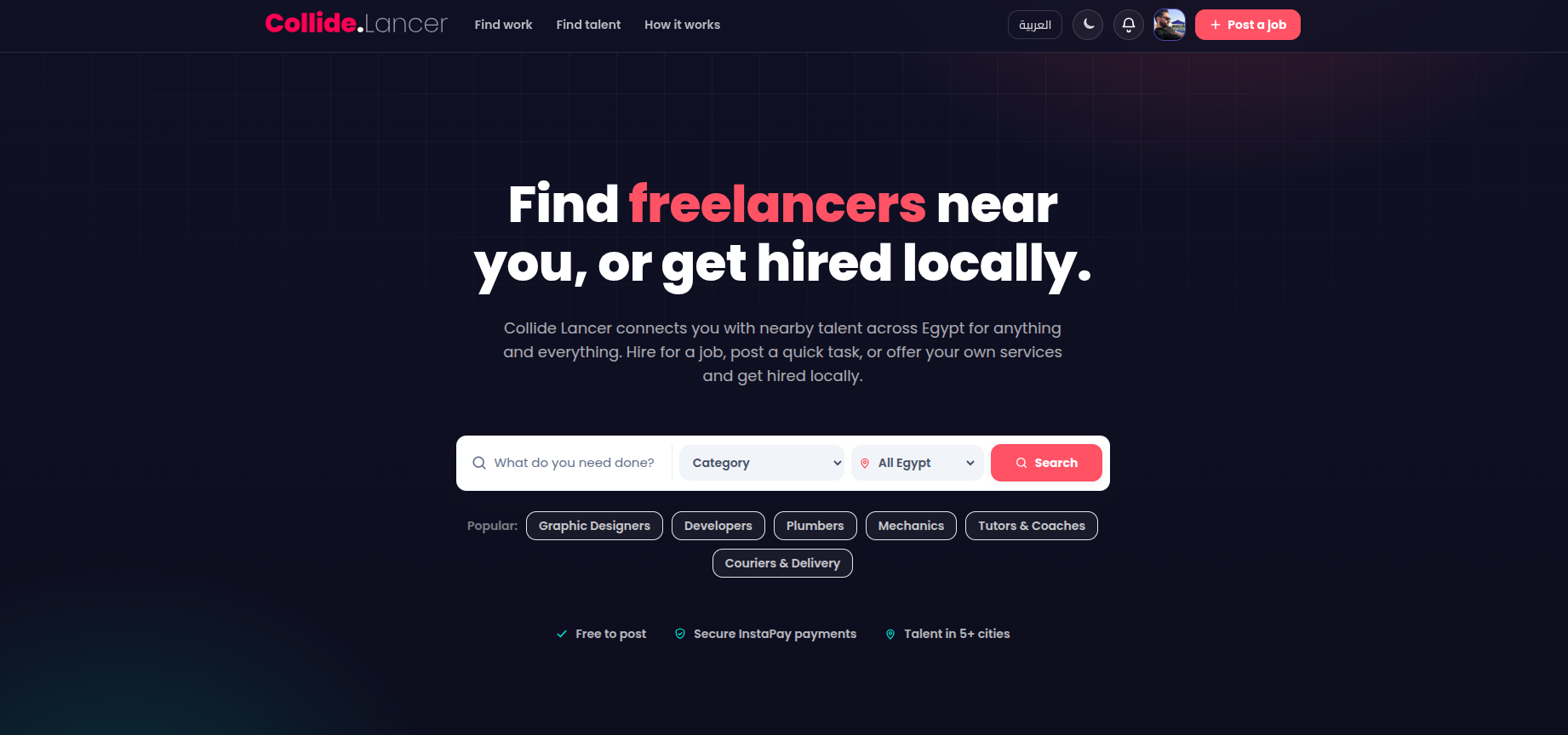 Collide Lancer marketplace homepage