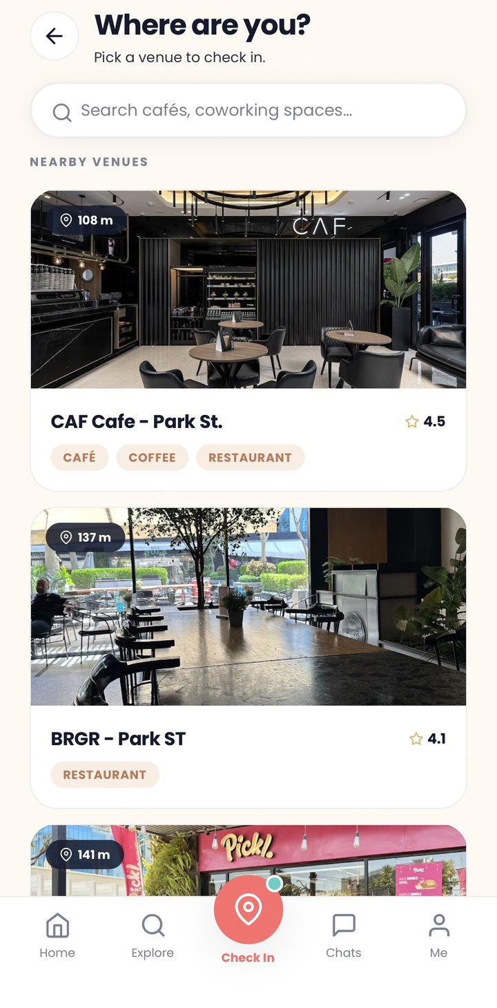 Collide check-in screen showing nearby venues